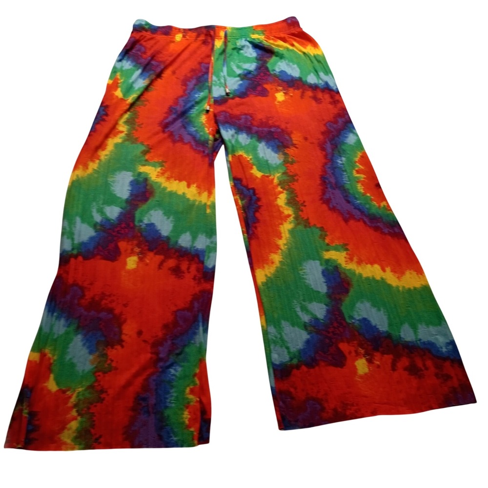 Rouge Collection Women's 2X Tie Dye Wide Leg Pants Multi Color Drawstring NWOT